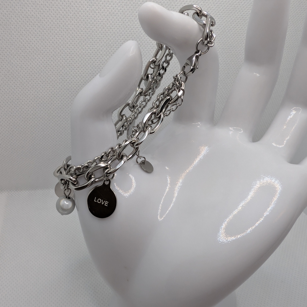 Stainless Steel Silver Color Chain Bracelet with Love Charm